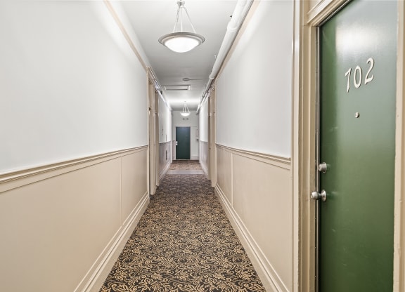 a hallway with a green door and a patterned carpet in a hotel room
