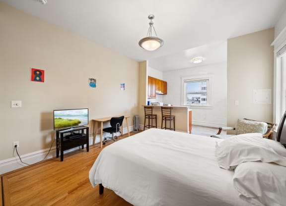 a bedroom with a bed and a desk and a living room