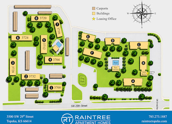 A map of a residential area with a compass rose and a leasing office.