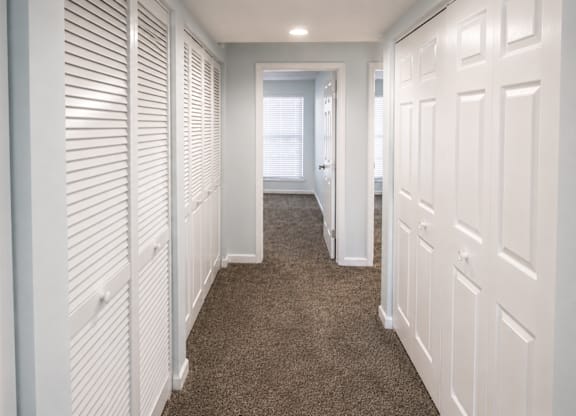 A hallway with white doors and carpeted floor.