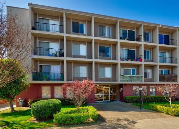 Building with balconies at Three Crown Apartments, Alameda, California