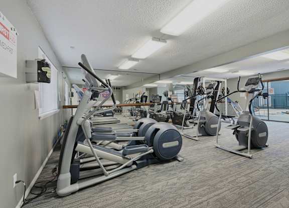 A gym with a variety of exercise equipment including treadmills, stationary bikes, and weight machines.