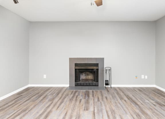 Living room and fireplace at Eddingham in Lawrence, KS