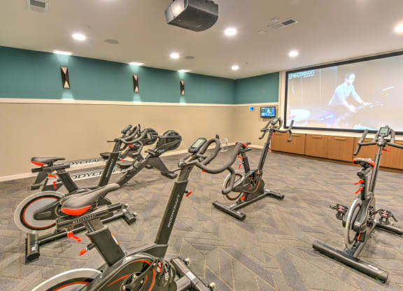 a gym with exercise bikes and a screen on the wall  at Pinnacle Apartments, Jacksonville, 32256