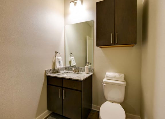 a bathroom with a toilet sink and mirror  at Fusion, Jacksonville, FL, 32256