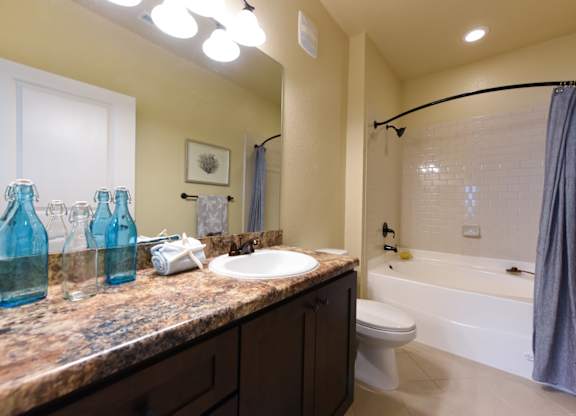 A bathroom with a sink, toilet, and bathtub at Cabana Club - Galleria Club Apartments, Jacksonville, 32256