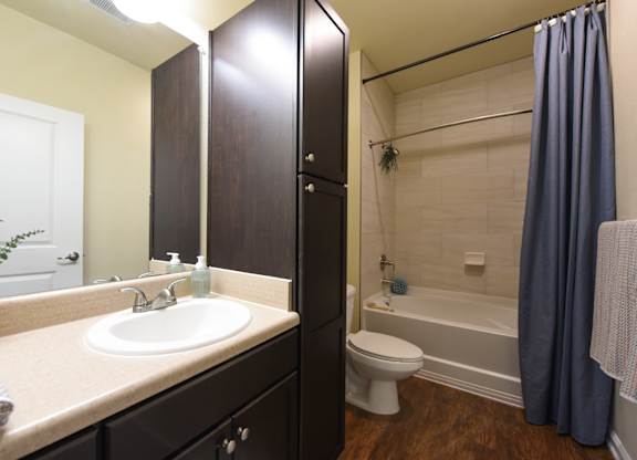 A bathroom with a sink, toilet, and bathtub at Cabana Club - Galleria Club Apartments, Jacksonville, Florida