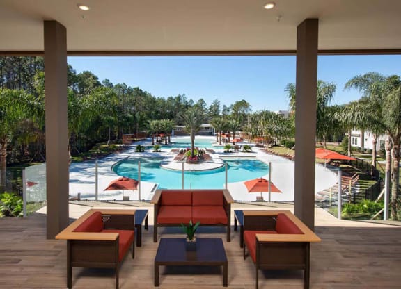 a view of the resort pool from the lobby  at Luxor Club, Florida