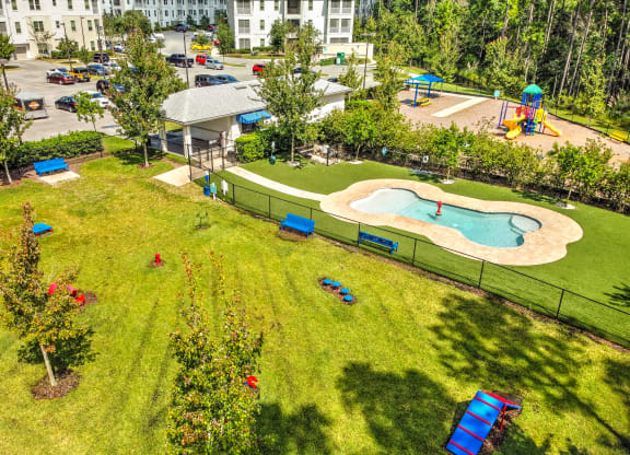 an aerial view of the resort style pool and hot tubat Palm Bay Club, Jacksonville, Florida