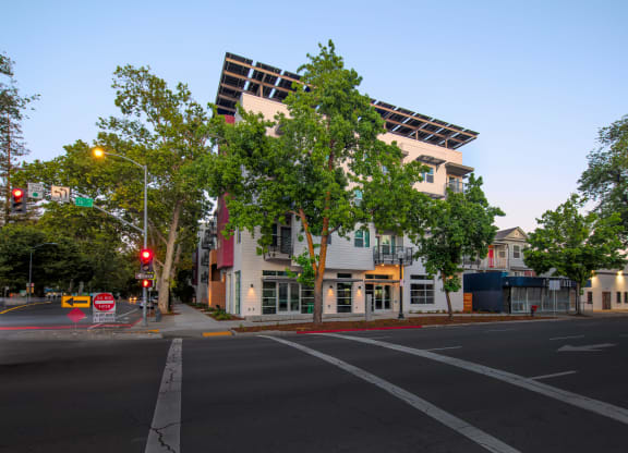 Lavender Courtyard from corner of 16th and F street - 4 story building with large trees