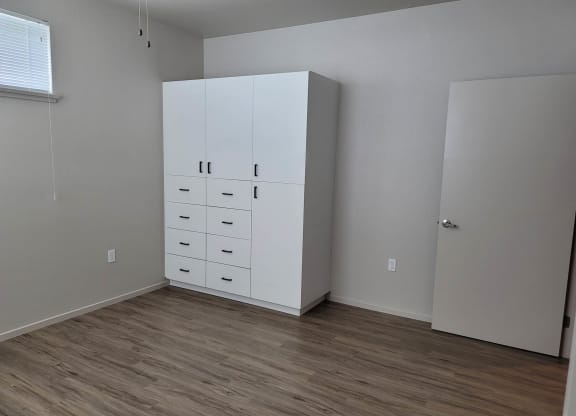White built in cabinets/wardrobe in bedroom with wood floors and high window