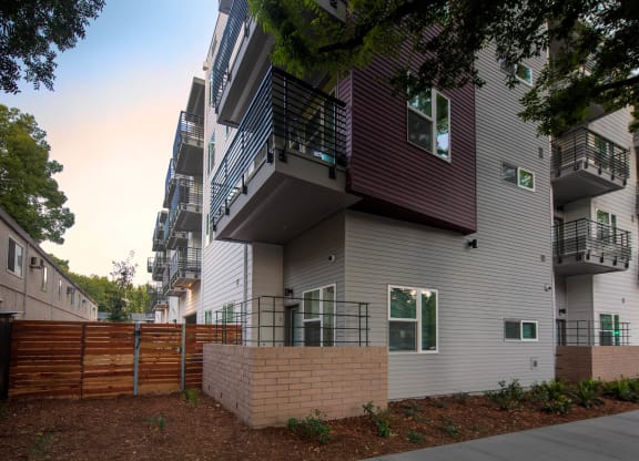 Exterior of Lavender showing patios and balconies.