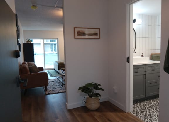 9 North living room and view of bathroom