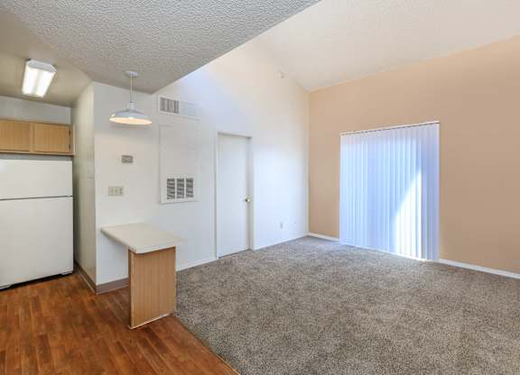 A room with a white ceiling, a white refrigerator, a white cabinet, a white counter, a white door, a white curtain, a white rug, and a white floor.
