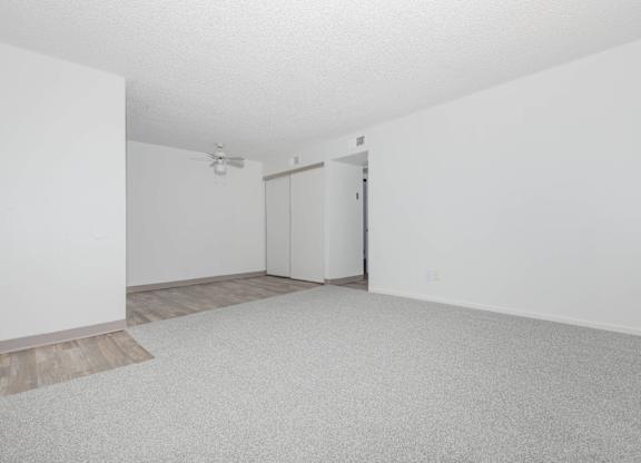 A white room with a carpeted floor and a ceiling fan.
