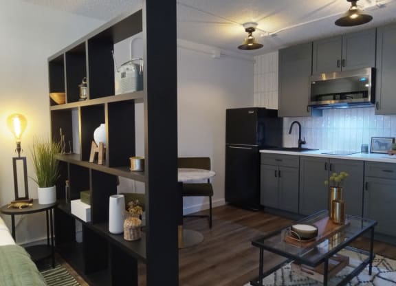 a view of the kitchen and living room from the living room divider
