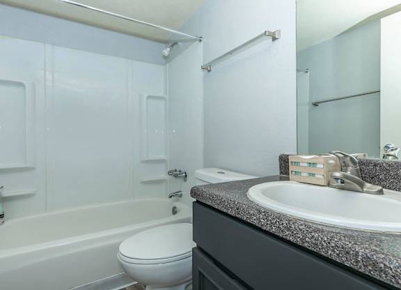 A white toilet sits next to a bathtub in a bathroom.