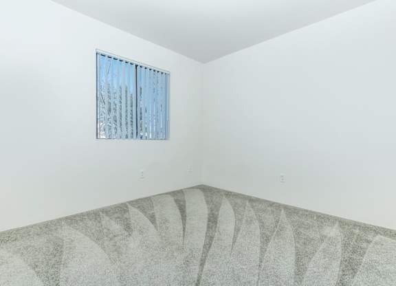 A room with a window and a grey carpet.