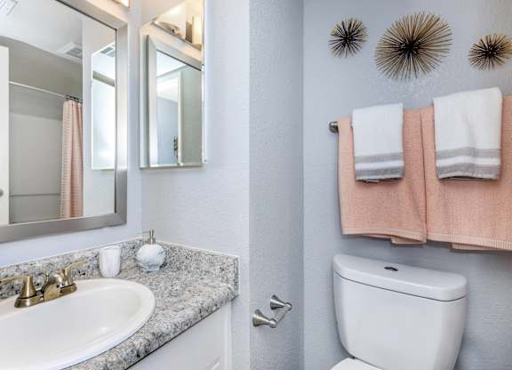 A bathroom with a sink, toilet, and mirror.