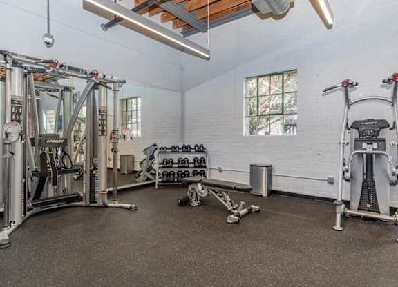 A gym with a variety of equipment including a leg press machine, a chest press machine, and a squat rack.