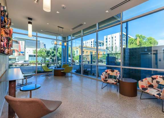 A modern office space with a view of the city.