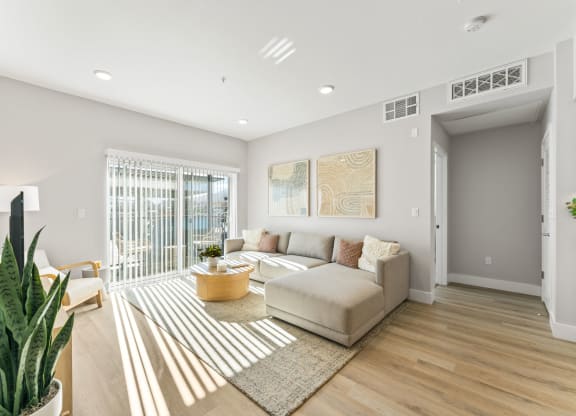 a living room with a couch and a chair and a rug