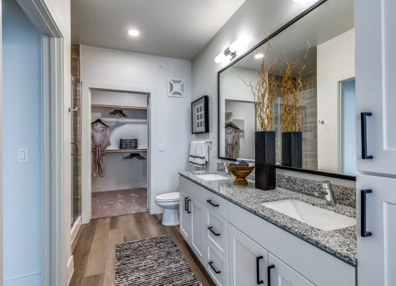 a bathroom with a large mirror and a sink and a toilet