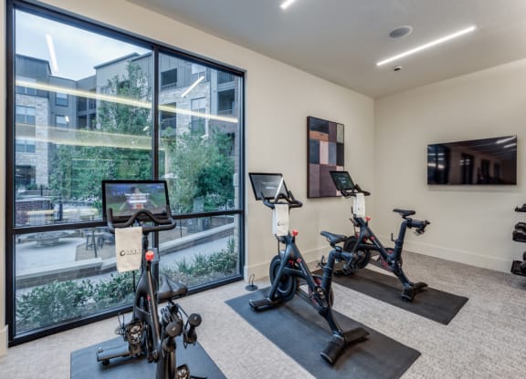 the gym with cardio equipment at the preserve at polk apartments