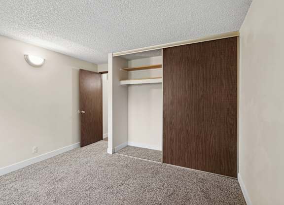 A room with a brown door and a brown wardrobe.