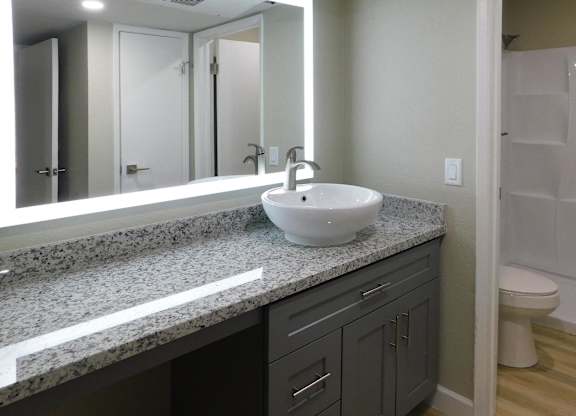 A bathroom with a granite countertop and a white sink.