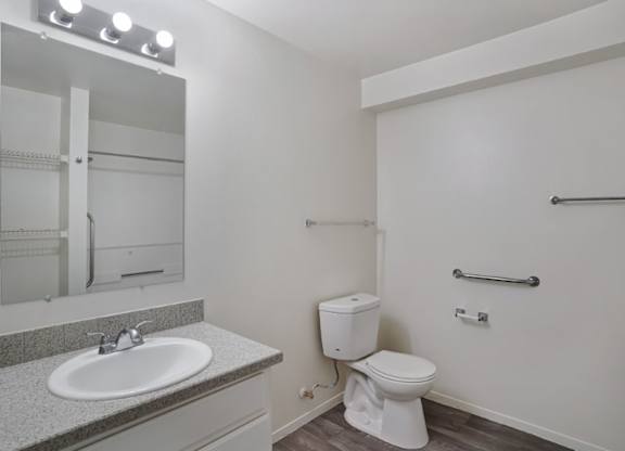 A white toilet sits next to a sink in a bathroom.