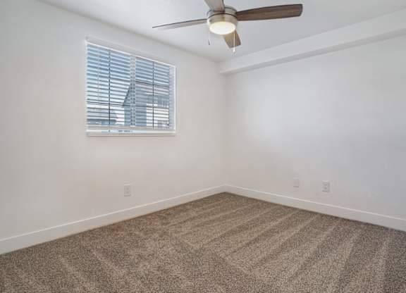 A room with a ceiling fan and carpeted floor.