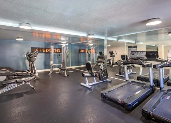 A gym with treadmills, exercise bikes, and other equipment.