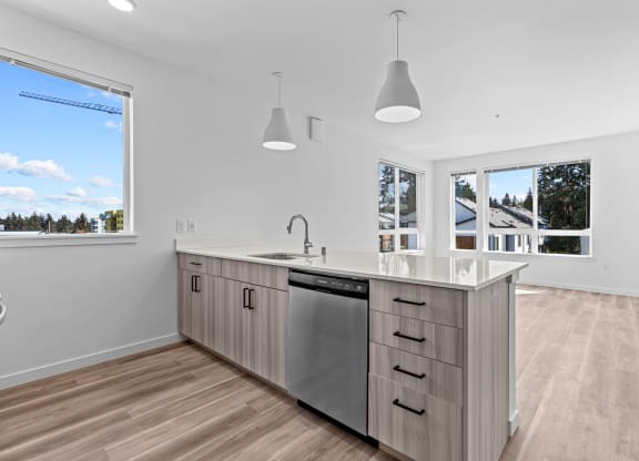 a modern kitchen with a large island and two windows