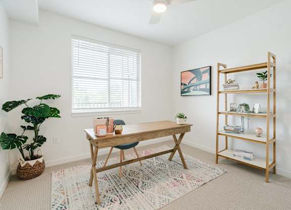 A room with a table, a plant, and a shelf.