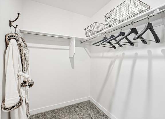 A white closet with a row of hangers and a robe hanging on the left.