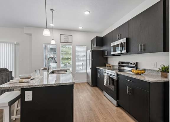 A modern kitchen with black cabinets and stainless steel appliances.