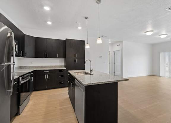 A modern kitchen with black cabinets and stainless steel appliances.