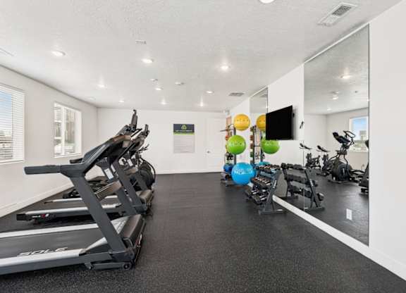 A gym with a treadmill, exercise balls, and a mirror.