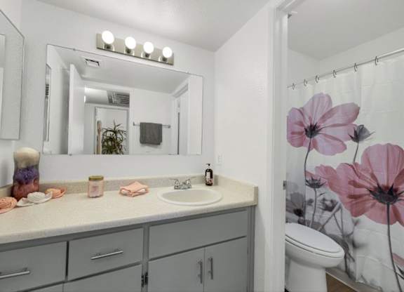 A bathroom with a sink, mirror, and a shower curtain with flowers on it.