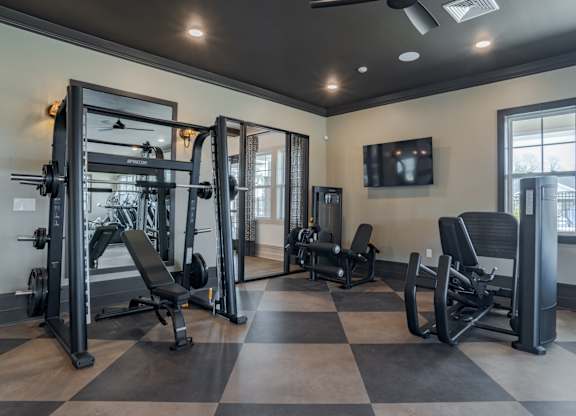 A gym with a variety of equipment including a squat rack, bench press, and a flat bench.