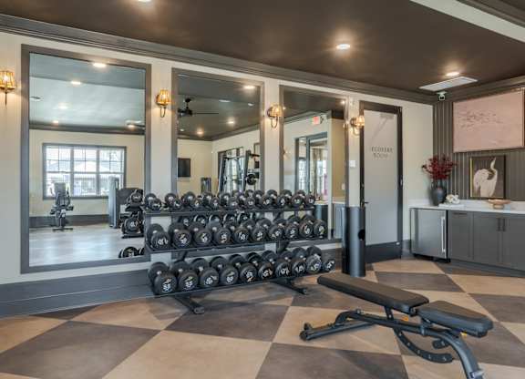 A gym with a row of dumbbells and a bench press.