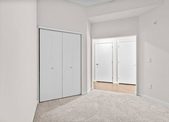 A room with a carpeted floor and two white doors.