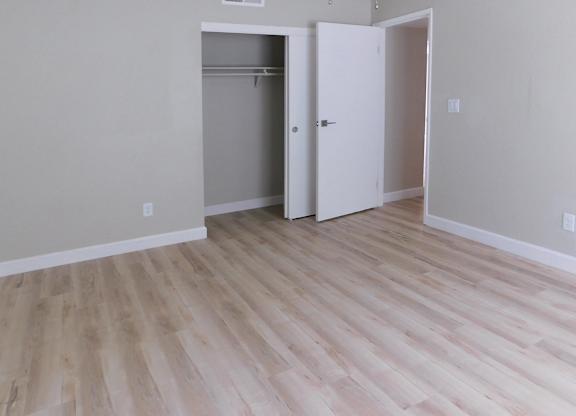 A room with a white door and a white closet.