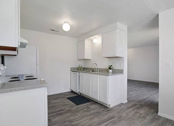 A kitchen with white cabinets and a granite countertop.