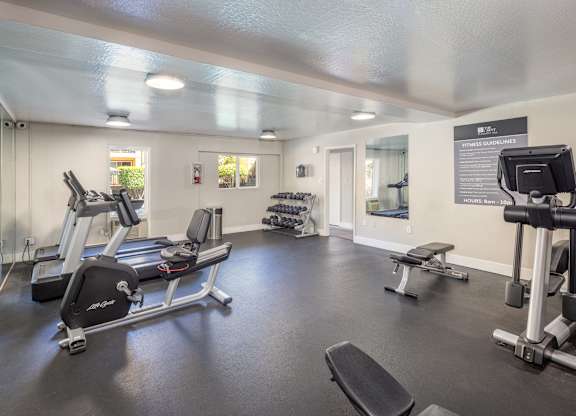 A gym with treadmills, weights, and exercise equipment.