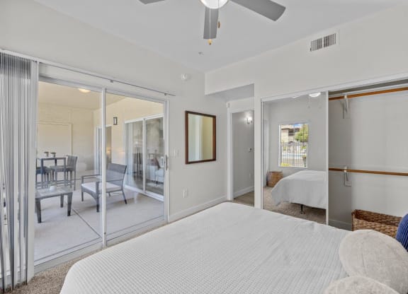 a bedroom with sliding glass doors to a patio