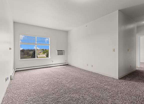A room with a carpeted floor and a window showing a view of trees and houses outside.