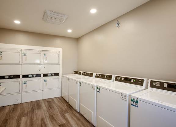 A row of washing machines in a laundry room.