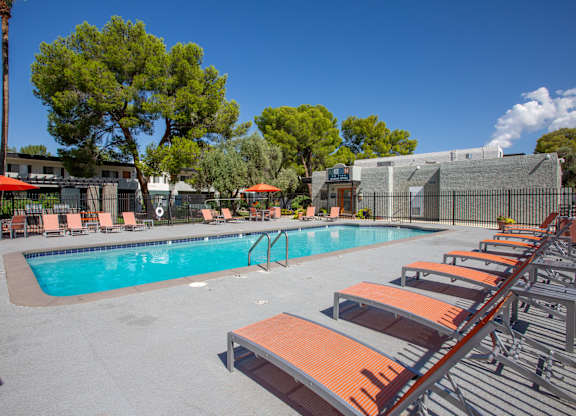 A pool with sun loungers and trees in the background.